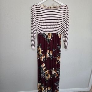 {3/$20} Striped and Floral Maxi Dress - Burgundy and White